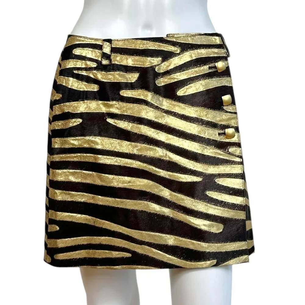 Chanel Cruise 2001 Gold Metallic & Brown Zebra Print Ponyhair Mini Skirt